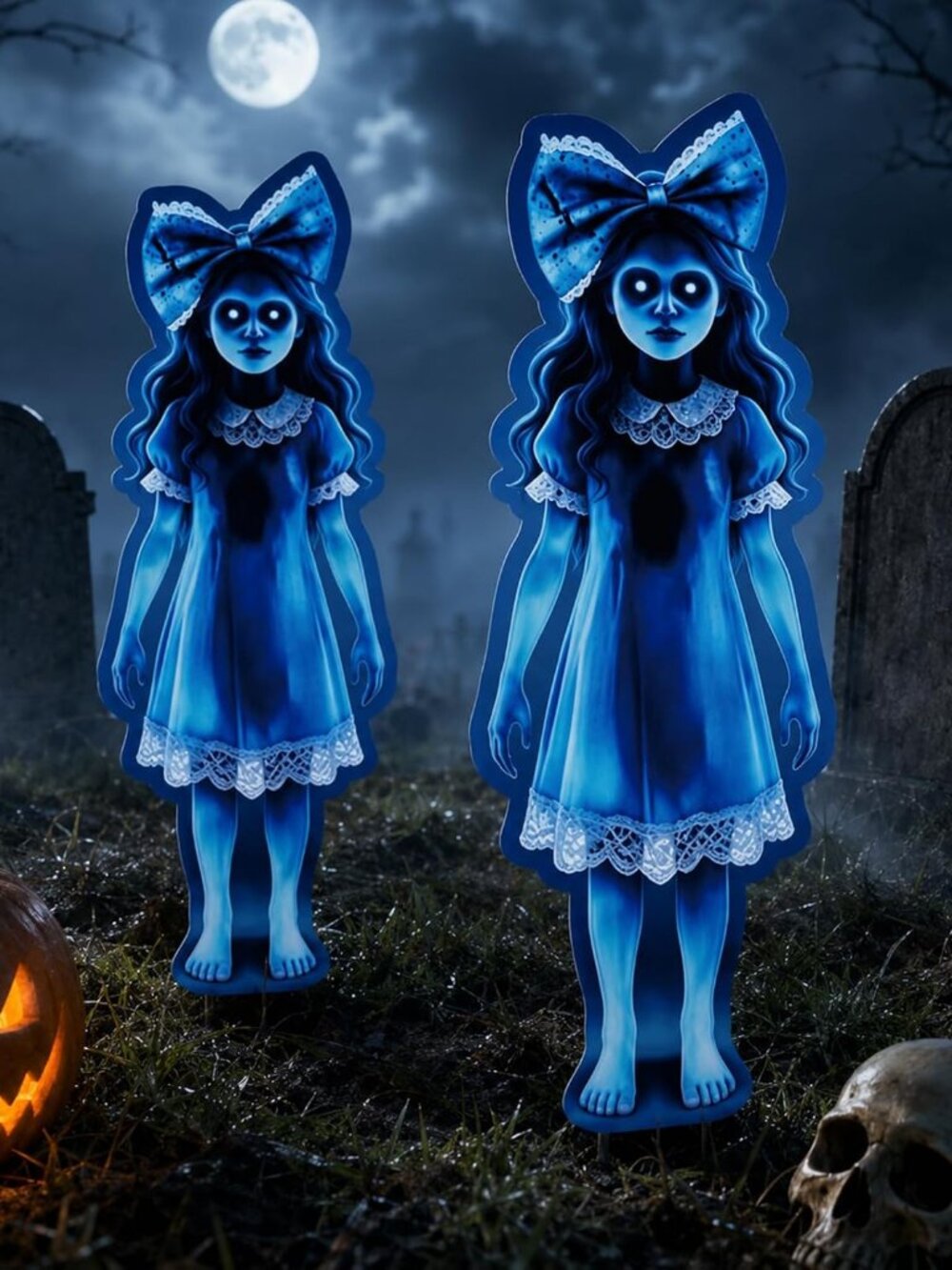 35In Scary Halloween Decorations Outdoor, 2 Pcs Twin Girl Ghost Yard Decor
